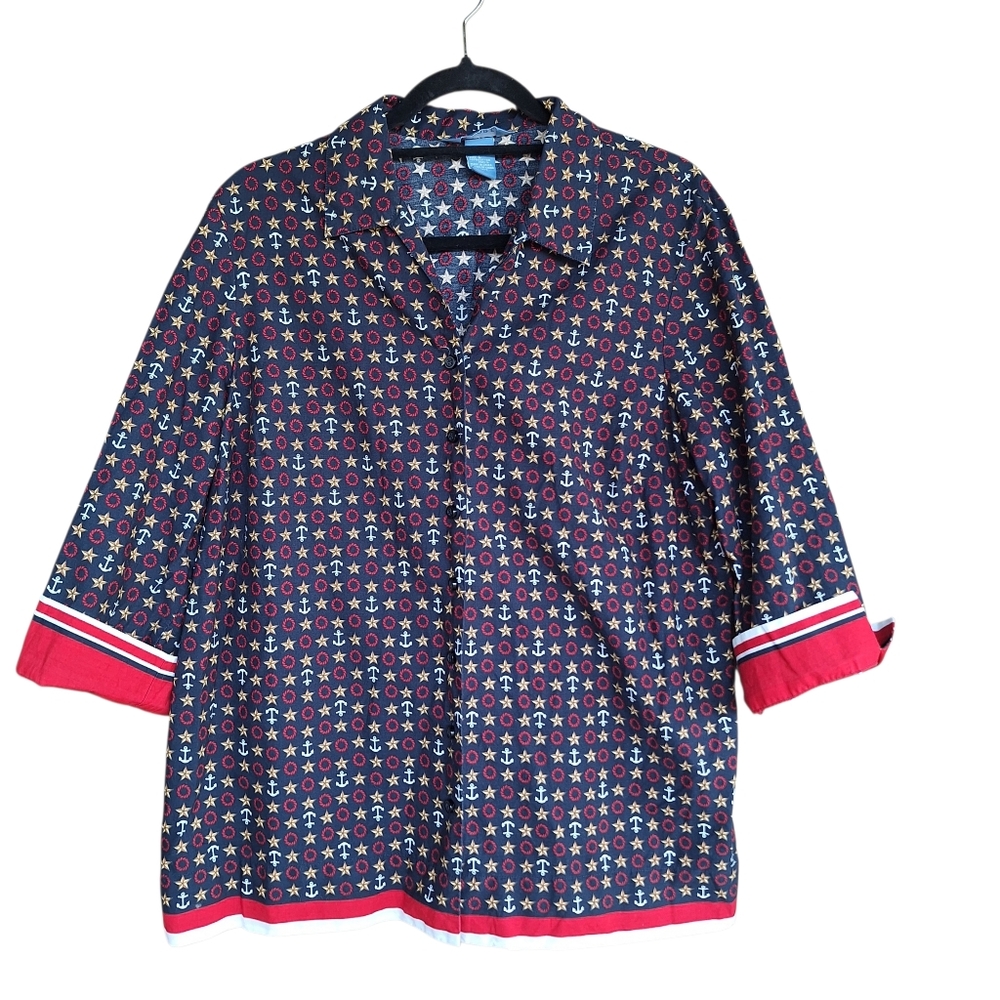 Koret Womens L Nautical Shirt Top Boating Yacht Anchor Patriotic Preppy Coastal